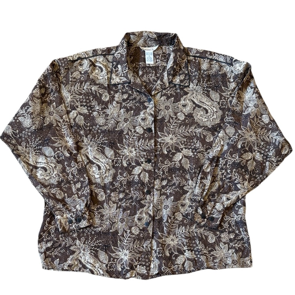 Vintage Silk Western-Style Paisley & Floral Blouse Brown/Cream Black Piping XL
